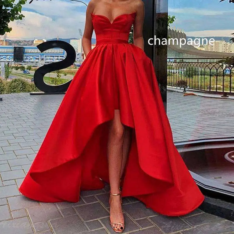 Red Satin High Low Ladies Evening Dress