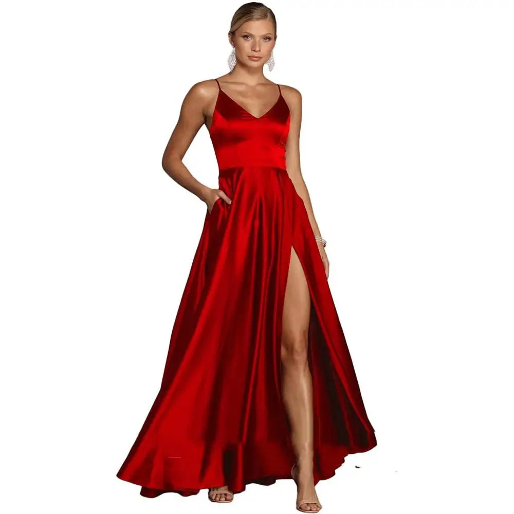 Red Satin Temperament Long Dress