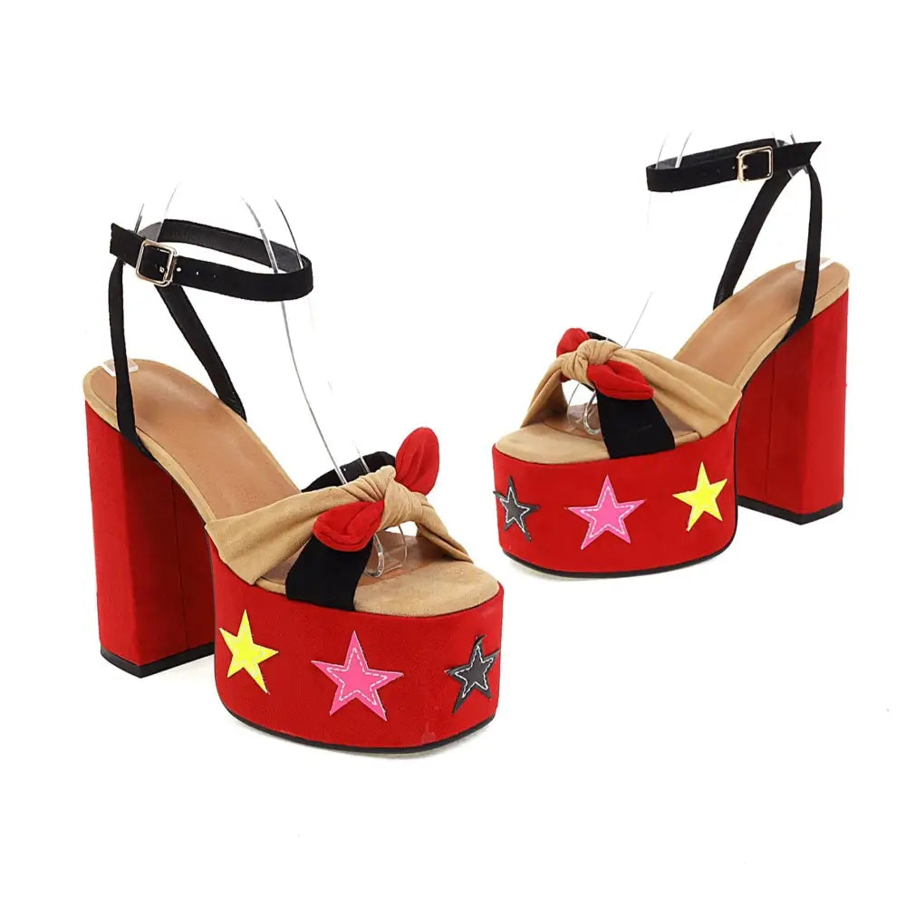 Red Star Appliqué Chunky High Heel Platform Sandals