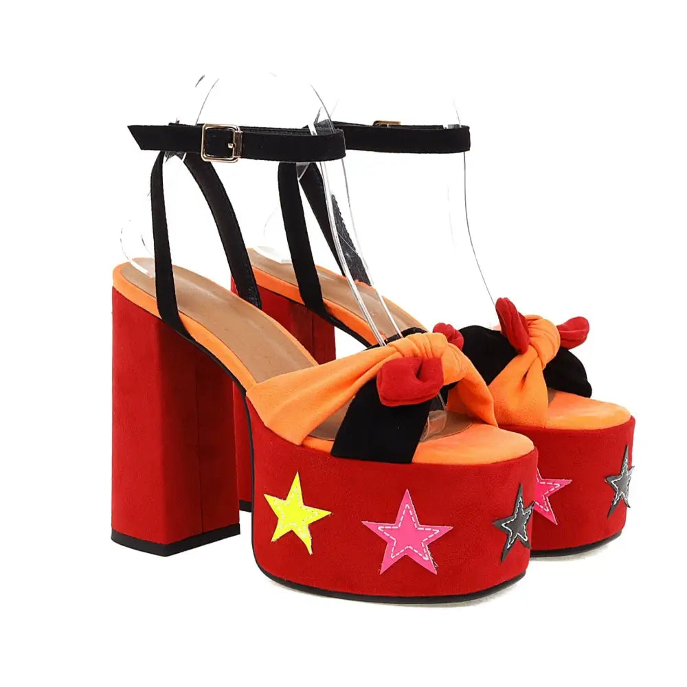 Red Star Appliqué Chunky High Heel Platform Sandals