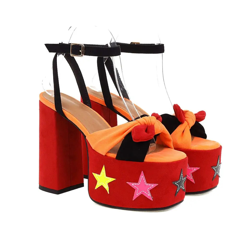 Red Star Appliqué Chunky High Heel Platform Sandals
