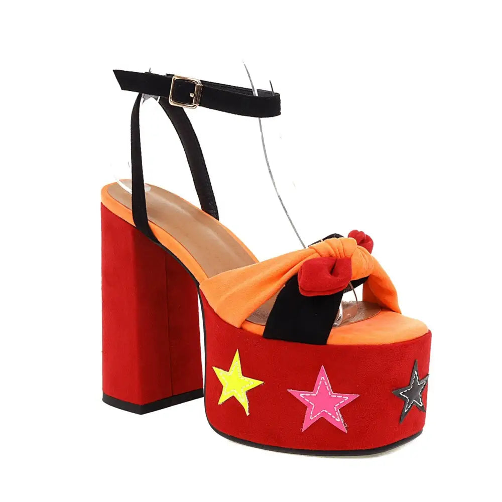 Red Star Appliqué Chunky High Heel Platform Sandals