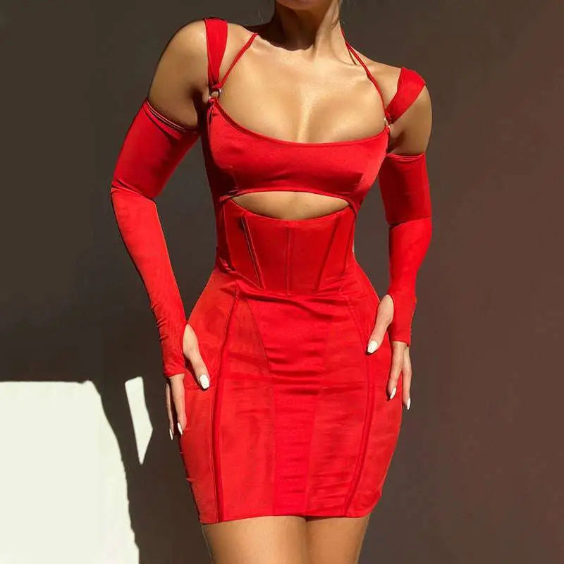 Red Two Piece Sling Tight Dress Fashion Mesh Set