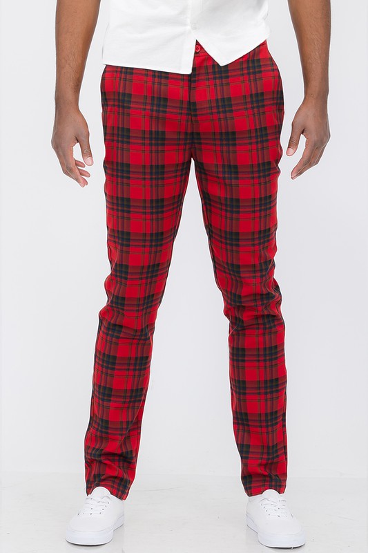 Plaid Trouser Pants
Button Fly Closure
Standard Pockets
Two Back Pockets with Button Closure
98% Polyester 2% Spandex
Slim Fit
Model is 5'11 wearing a 34" / Large

Mens Plaid Trouser Pants
Made In: Imported
red plaid trouser pants for men