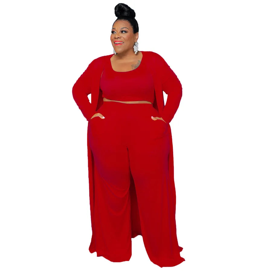 red plus size 3 piece out fit set on a white background