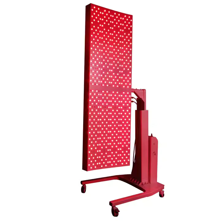 Red portable light stand with a rectangular panel on a white background