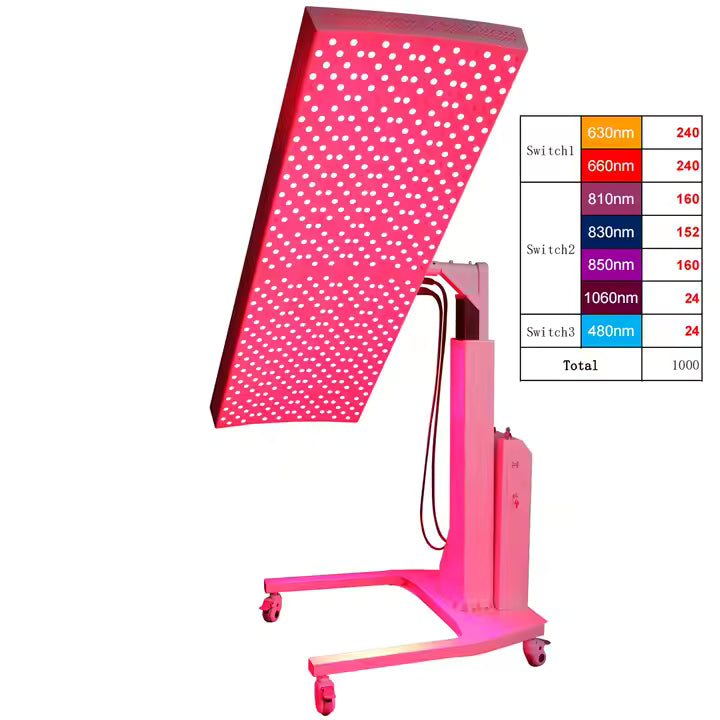 Pink LED light therapy device with control panel on a white background