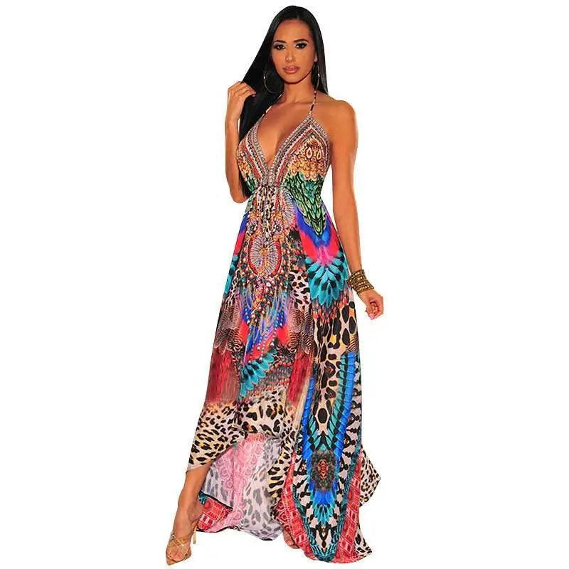 Retro Pattern V Neck Sexy Halter Dress