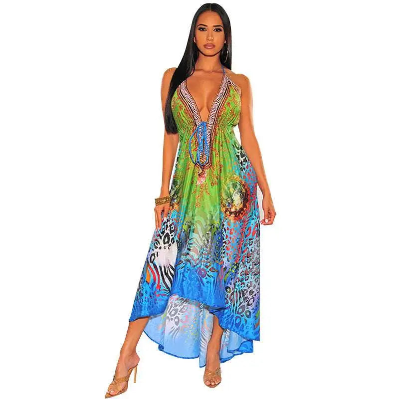 Retro Pattern V Neck Sexy Halter Dress
