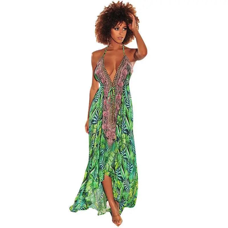 Retro Pattern V Neck Sexy Halter Dress