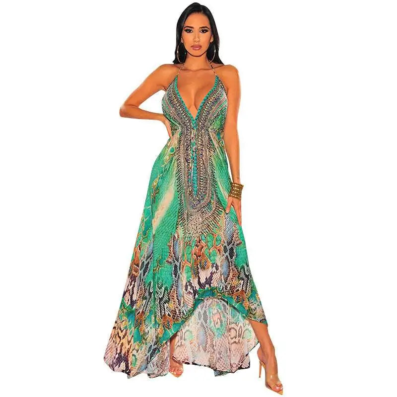 Retro Pattern V Neck Sexy Halter Dress