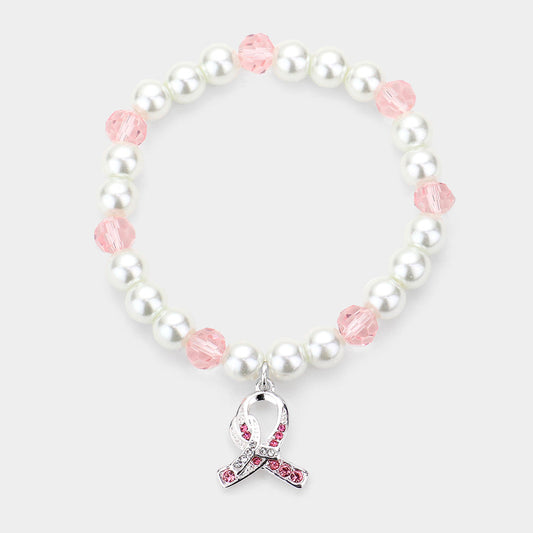 Rhinestone Embellished Pink Ribbon Charm Pearl Stretch Bracelet