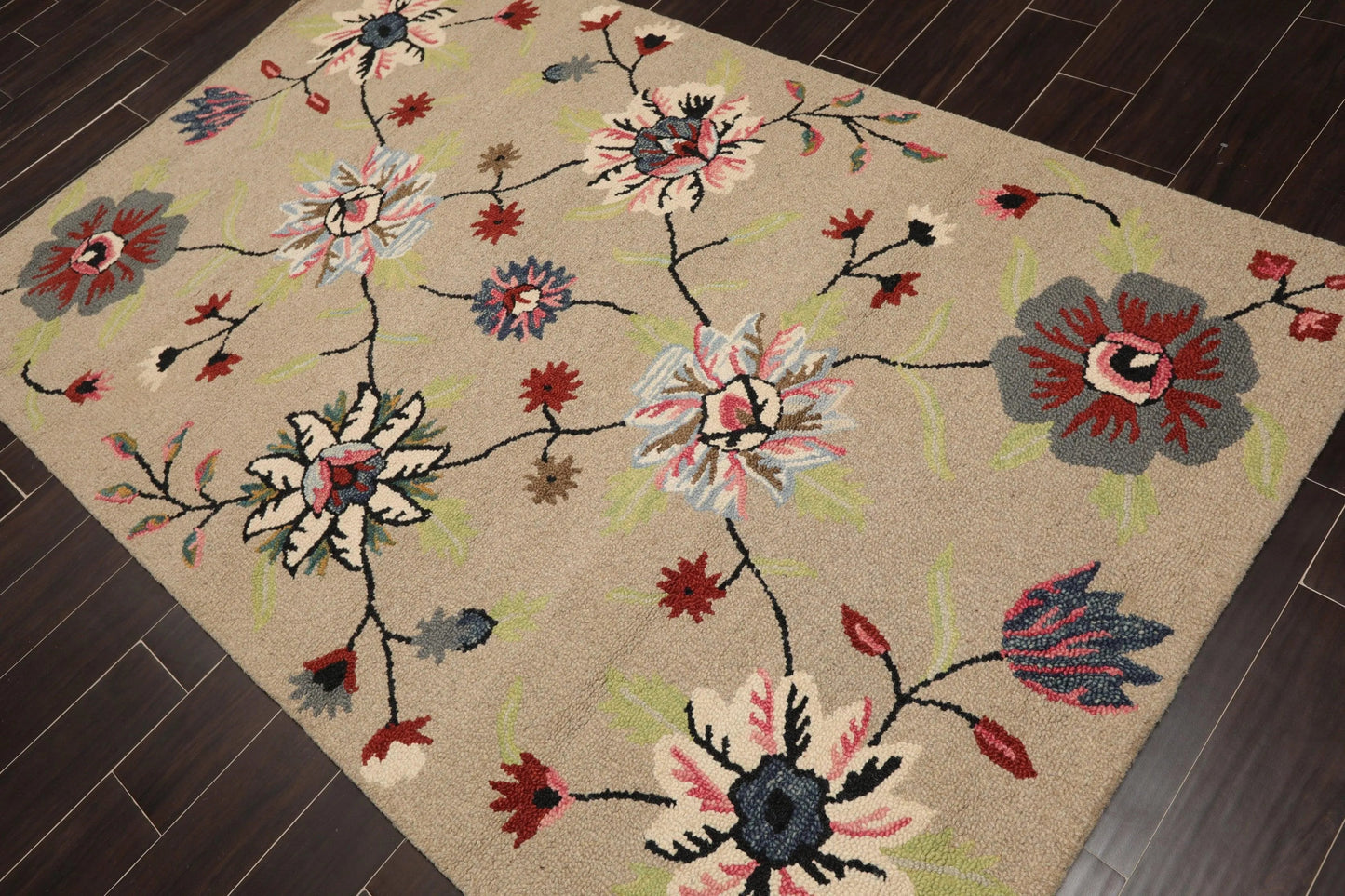 5' x 8' Handmade Wool Loop Pile Floral Traditional Oriental Area Rug Taupe-2
