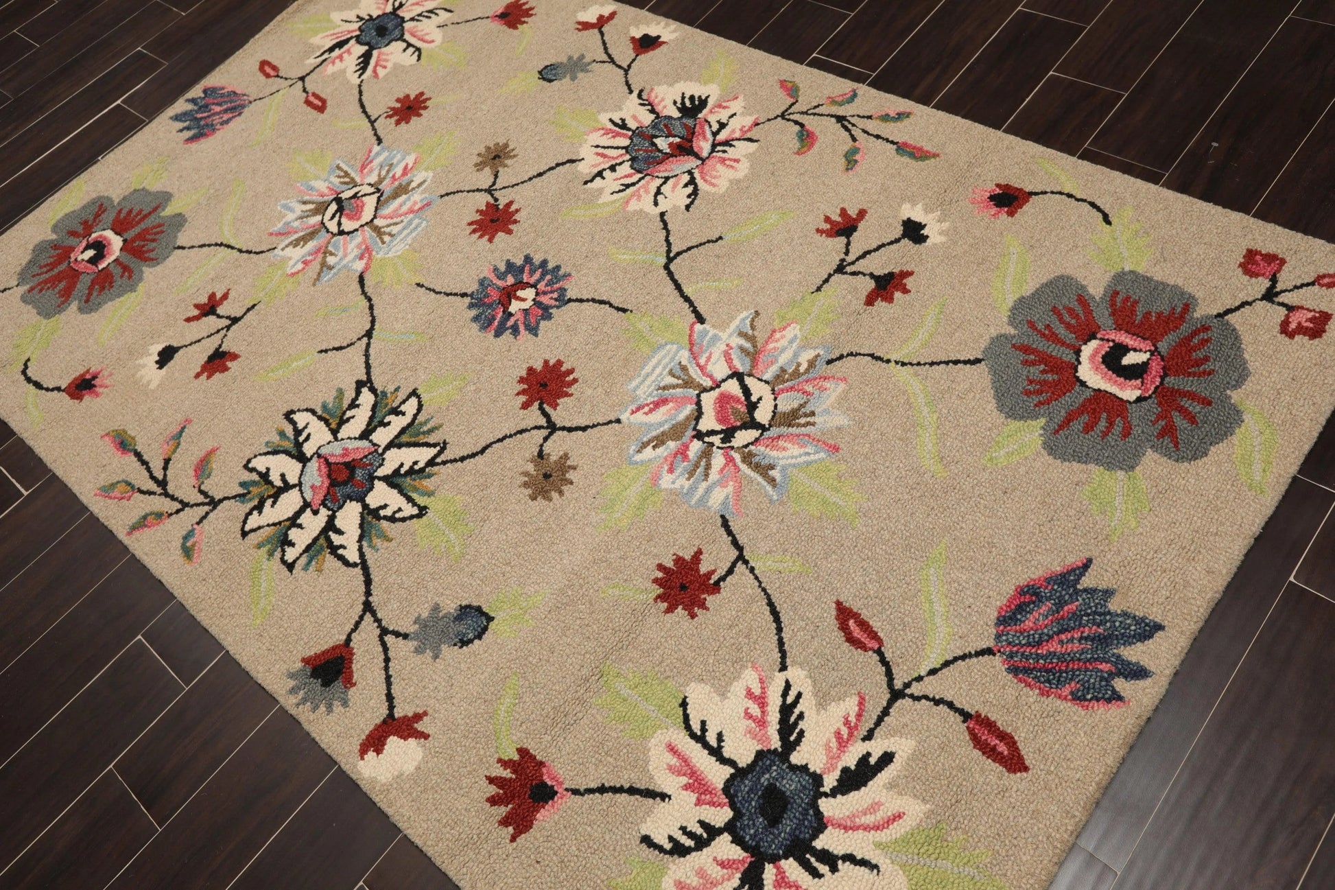 5' x 8' Handmade Wool Loop Pile Floral Traditional Oriental Area Rug Taupe-2