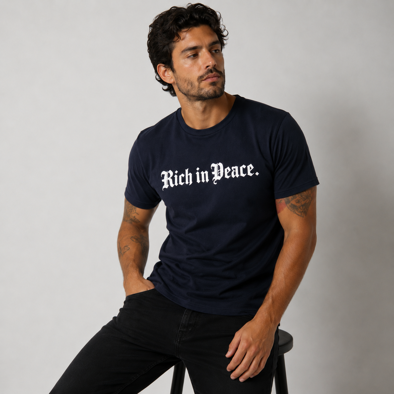 Rich in Peace Organic Tee (White with Navy print)