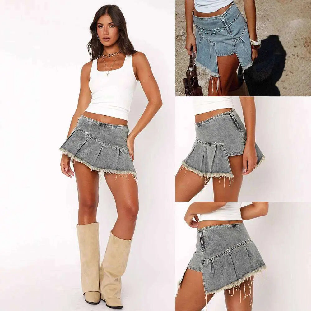 Rivet Irregular Pleated Denim Skirt