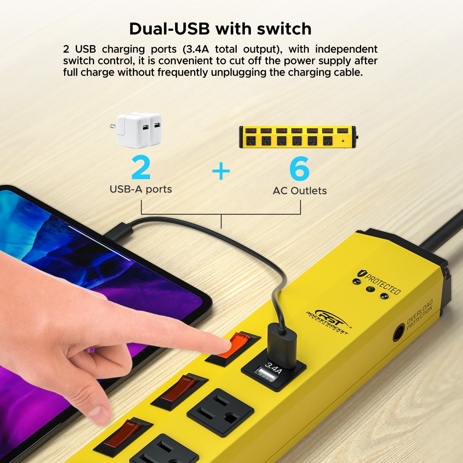 CRST Metal Surge Protector Power Strip with Individual Switches - 1200J, 6 Outlets, Dual USB, Wall Mount, 6ft Cord-2