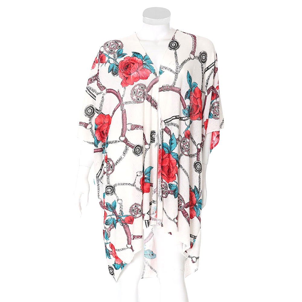Rose Flower Chain Print Cover Up Kimono Poncho Beachwear