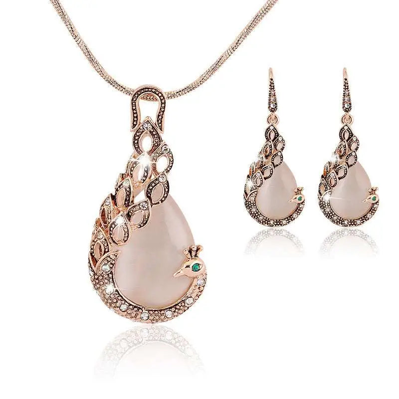 Rose Gold Rose Pink Jade Peacock Jewelry Set