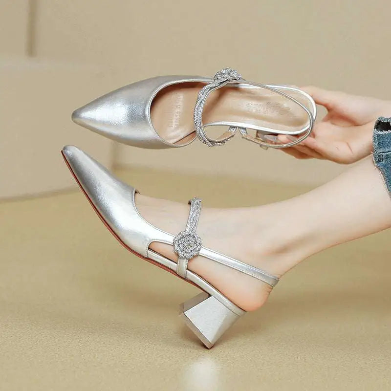 Rose Gold Satin Pointed Toe High Heels with Chunky Heel