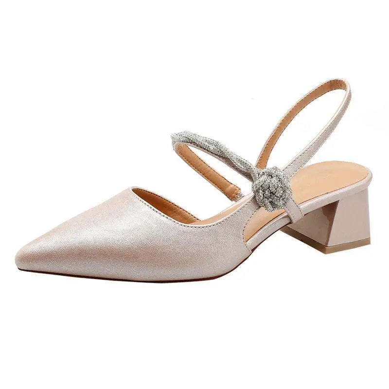 Rose Gold Satin Pointed Toe High Heels with Chunky Heel
