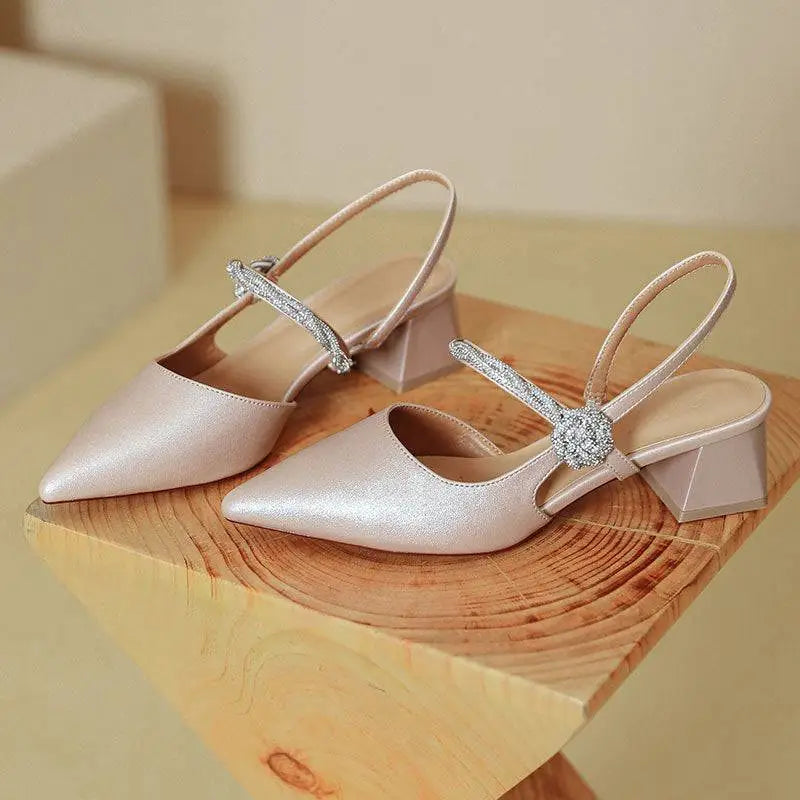 Rose Gold Satin Pointed Toe High Heels with Chunky Heel