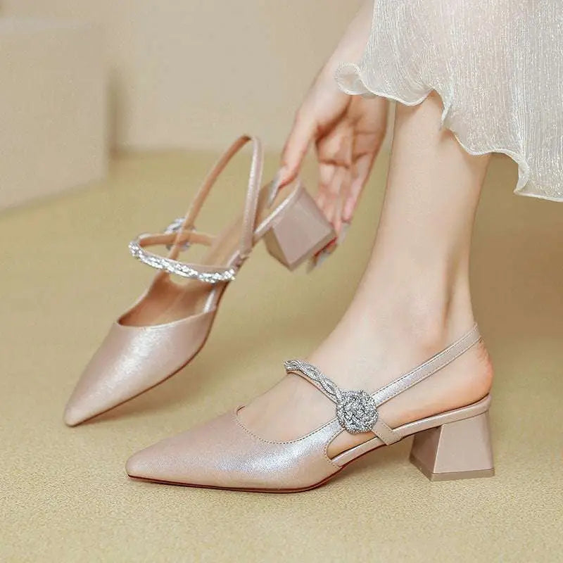 Rose Gold Satin Pointed Toe High Heels with Chunky Heel