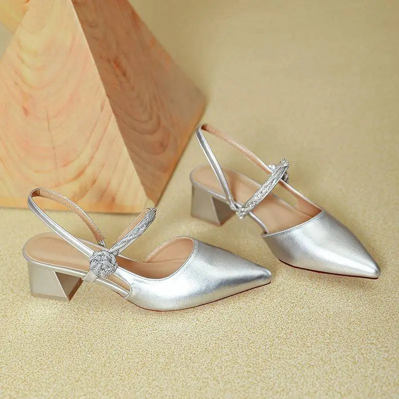 Rose Gold Satin Pointed Toe High Heels with Chunky Heel
