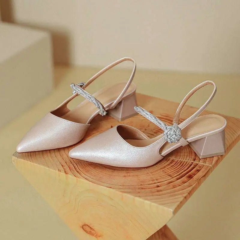 Rose Gold Satin Pointed Toe High Heels with Chunky Heel