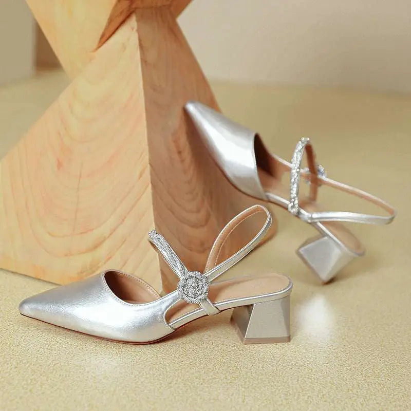 Rose Gold Satin Pointed Toe High Heels with Chunky Heel