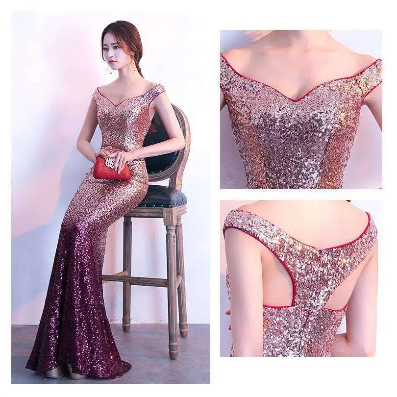 Rose Gold Sequined Long Slim Fit Fashion Host Gown