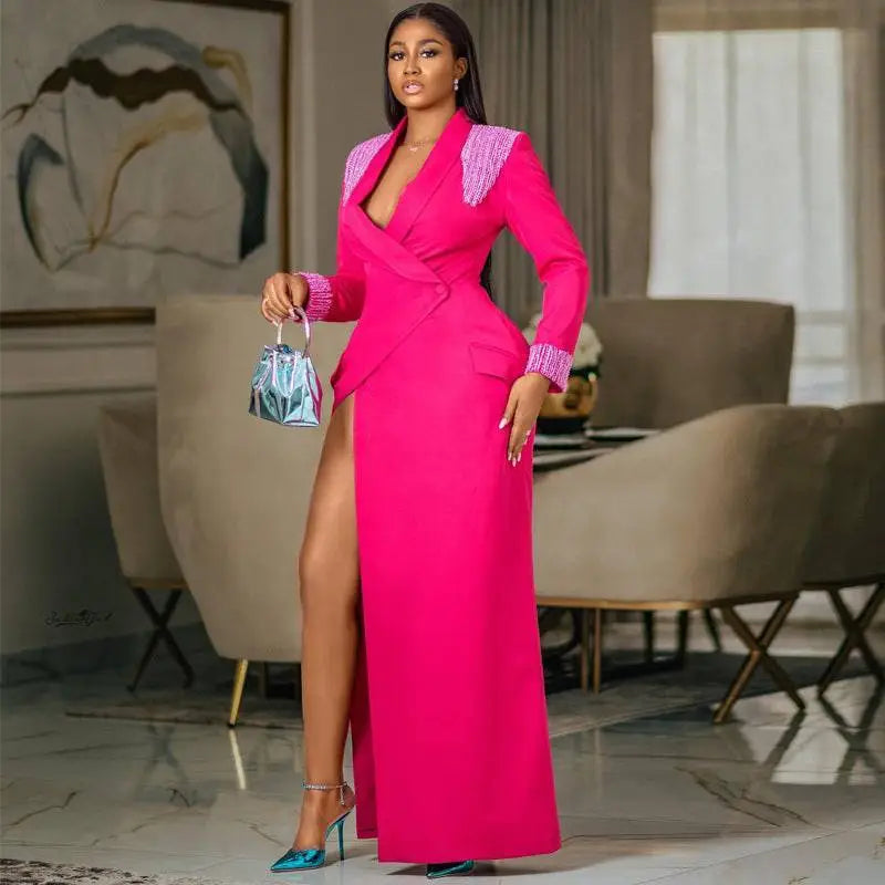 Rose Red Suit Collar Embellished Wrap Dress