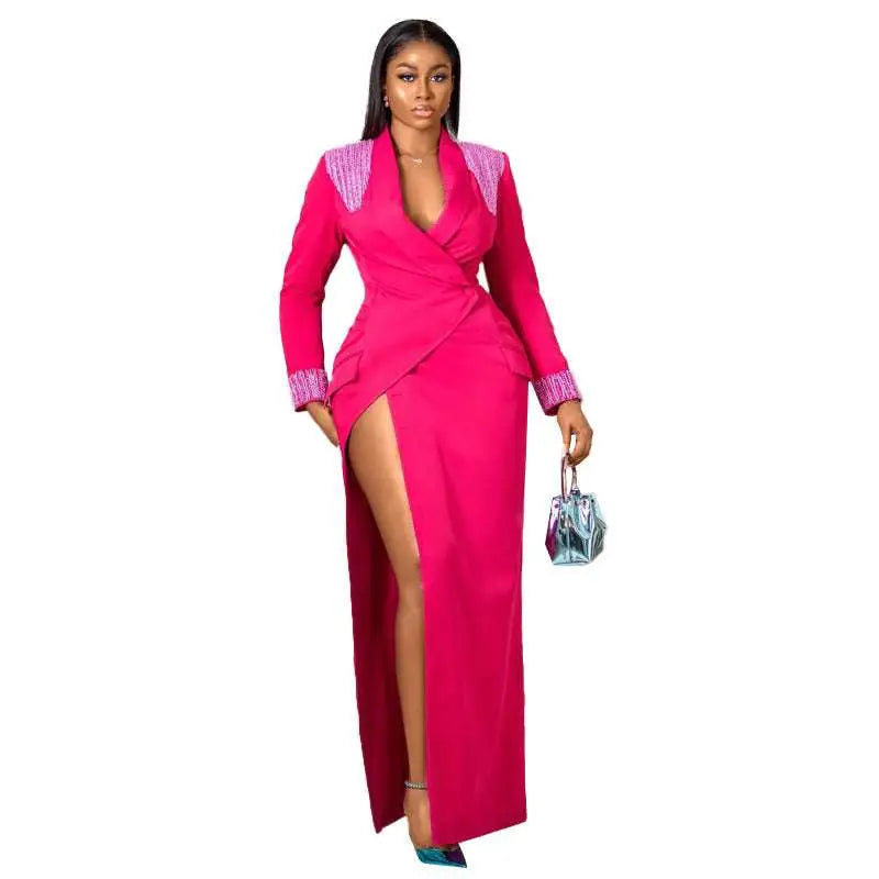 Rose Red Suit Collar Embellished Wrap Dress