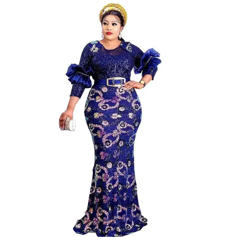 Round Neck Slim Fit Half Sleeve Floral Evening Dress