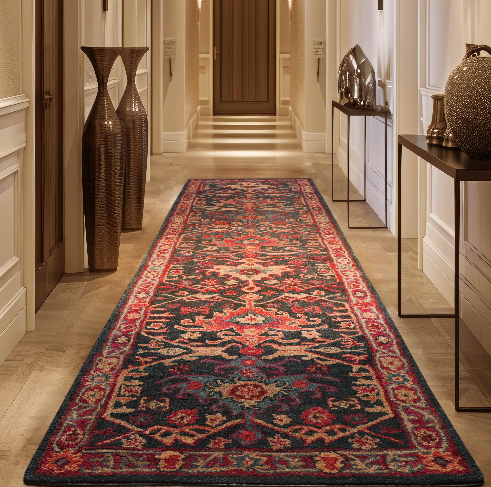 Handmade Multi Size 100% Wool Dark Blue Oriental Area Rug-6
