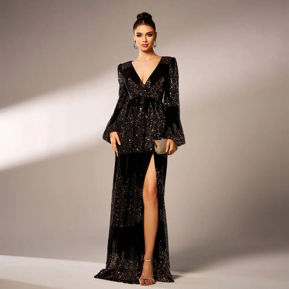 Rust Bell Sleeve Sexy Long Sequined Evening Dress