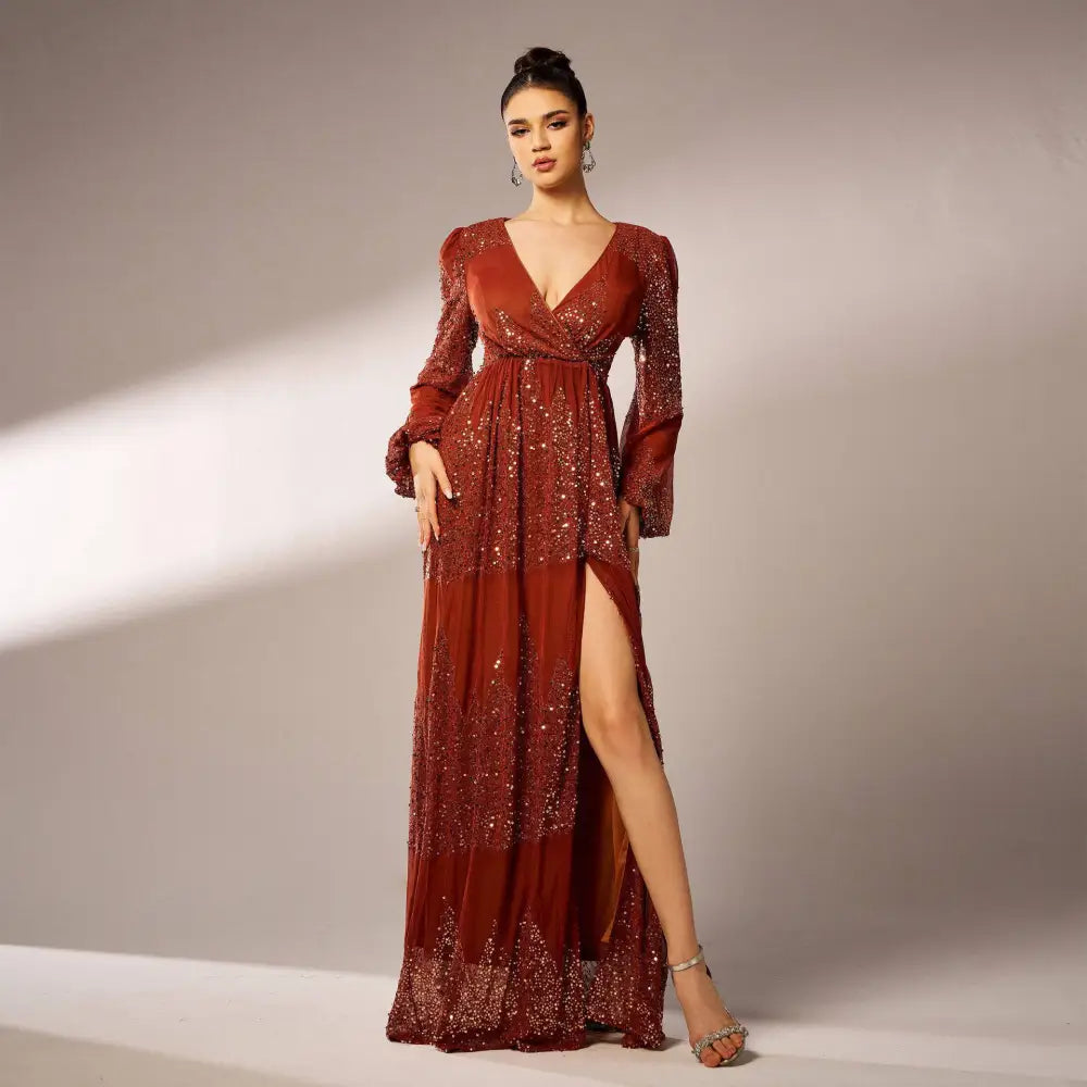 Rust Bell Sleeve Sexy Long Sequined Evening Dress