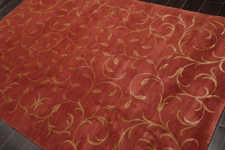 Multi Szie Raspberry, Gold Hand Knotted Tibetan Wool and Silk Tibetan Transitional Oriental Area Rug-3