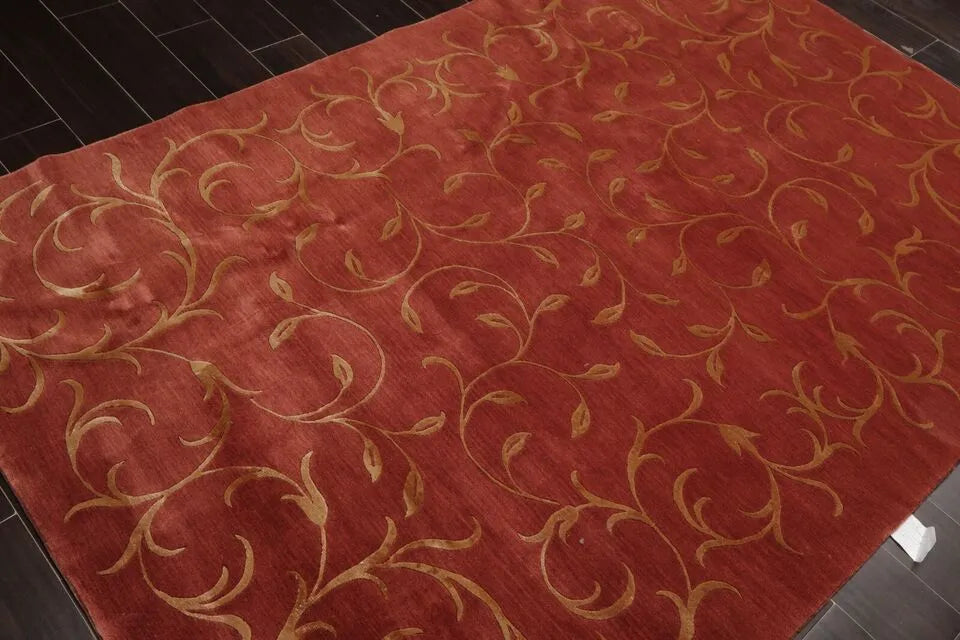 Multi Szie Raspberry, Gold Hand Knotted Tibetan Wool and Silk Tibetan Transitional Oriental Area Rug-4
