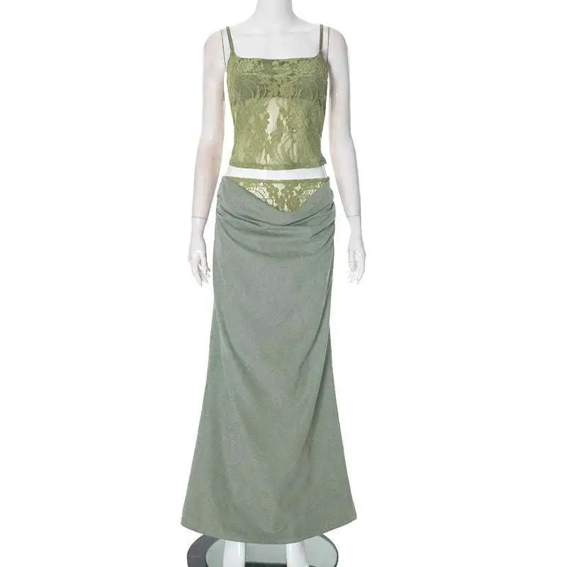 Sage Green Lace Backless Tube Stitching Ruffle Hip Suit