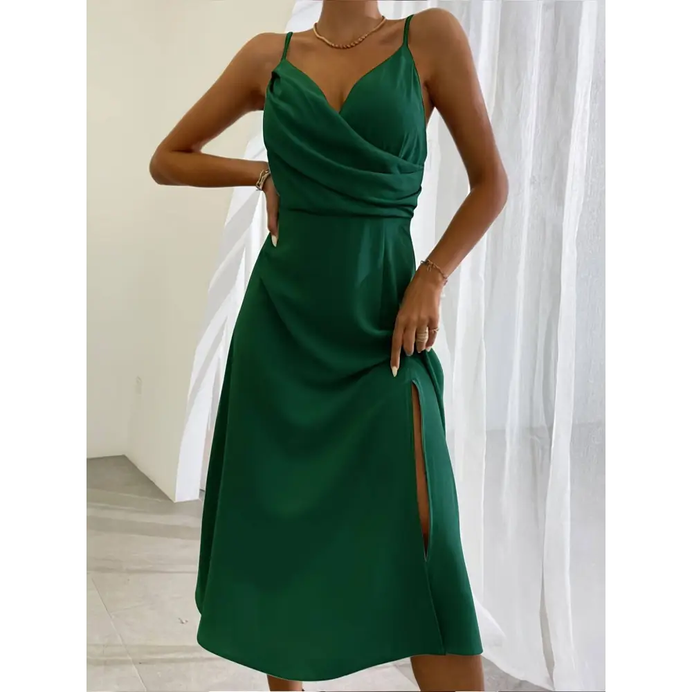 Sage Green Satin Slit Sling Dress Summer Fashion