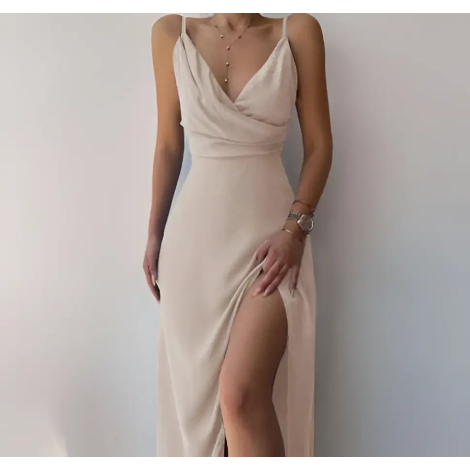 Sage Green Satin Slit Sling Dress Summer Fashion