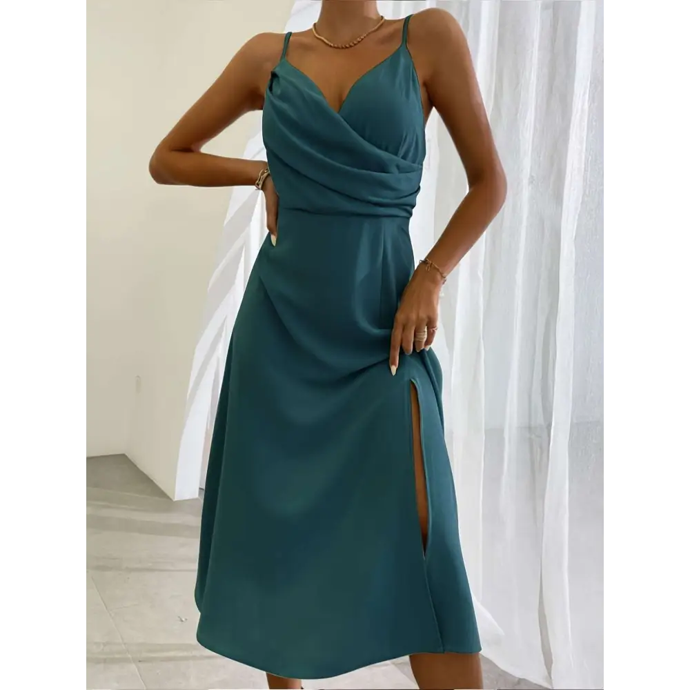 Sage Green Satin Slit Sling Dress Summer Fashion