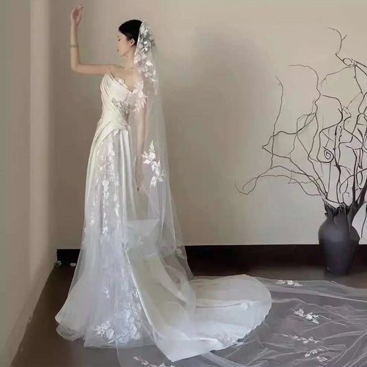 Satin Lace Wedding Veil Tube Top Fishtail Dress