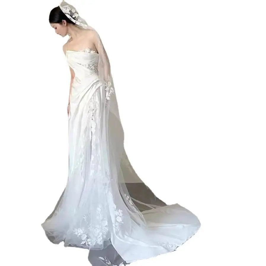 Satin Lace Wedding Veil Tube Top Fishtail Dress