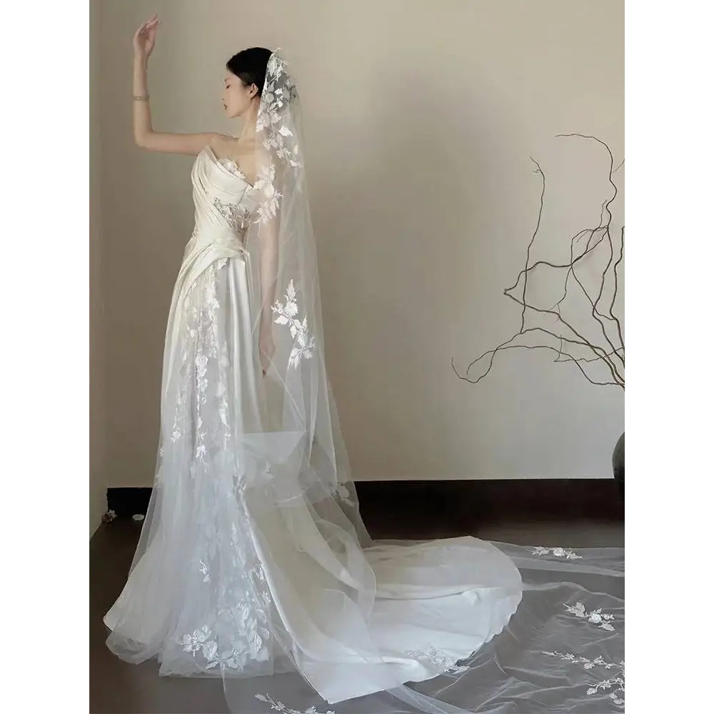 Satin Lace Wedding Veil Tube Top Fishtail Dress