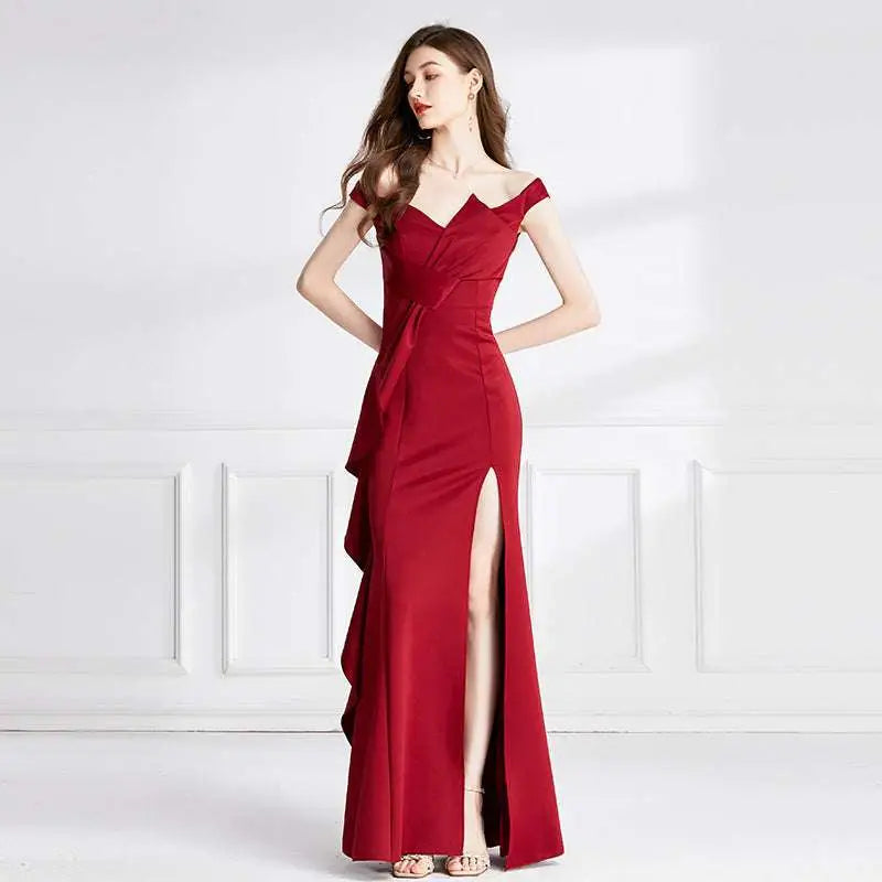 Satin Red Evening Dress with High Slit