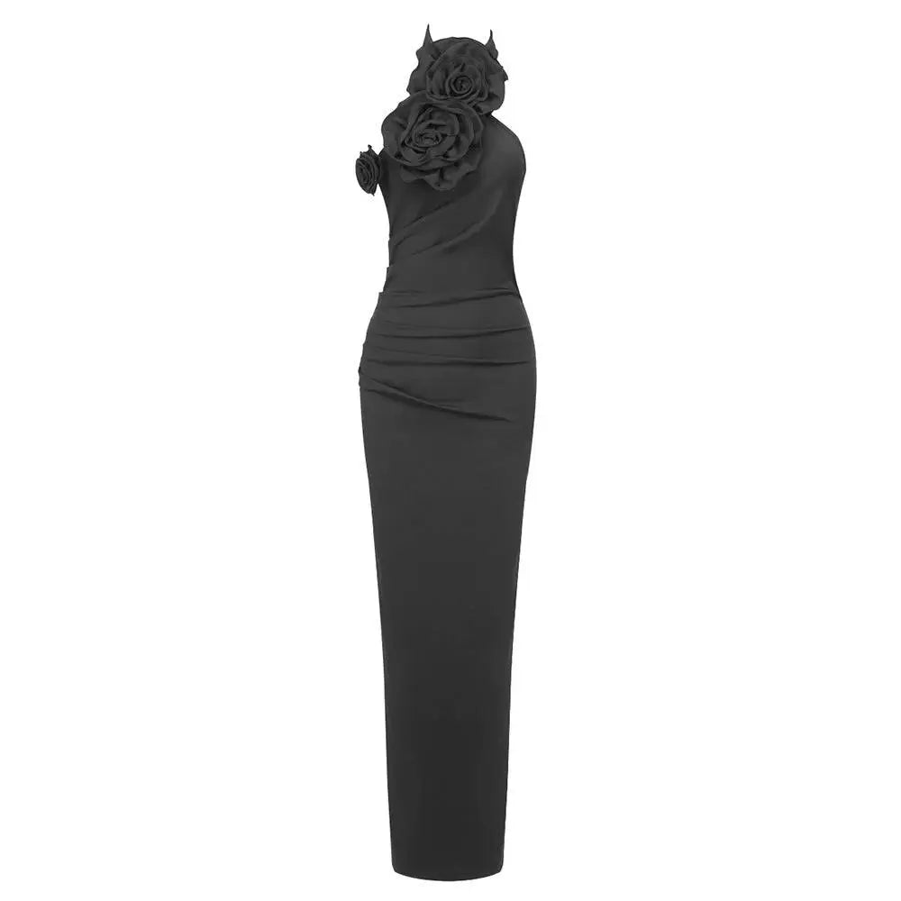Satin White Ribbon Flower Halter Gown