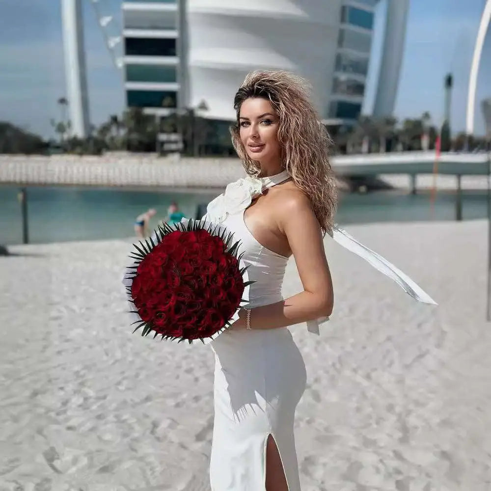 Satin White Ribbon Flower Halter Gown