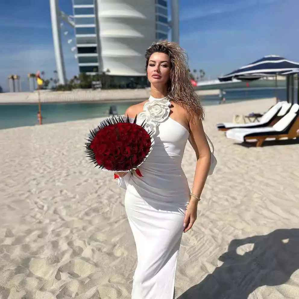 Satin White Ribbon Flower Halter Gown